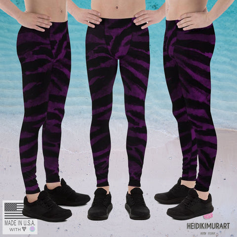 Purple Tiger Stripe Print Men's Yoga Pants Running Leggings & Tights- Made in USA/EU-Men's Leggings-Heidi Kimura Art LLC