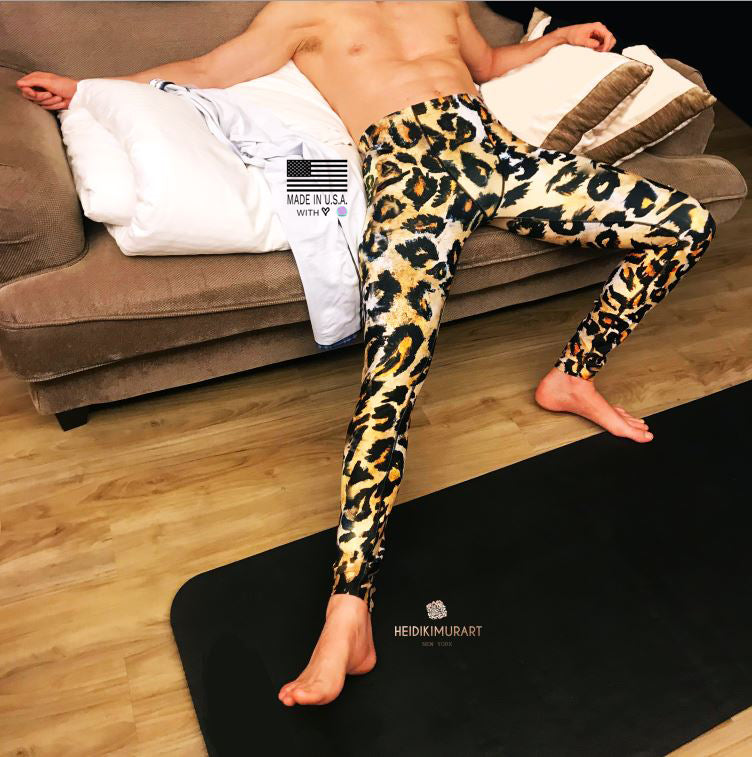 Leopard Print Men's Sexy Leggings, Fitted Yoga Pants Leggings Tights - Made in USA/EU-Men's Leggings-XS-Heidi Kimura Art LLC