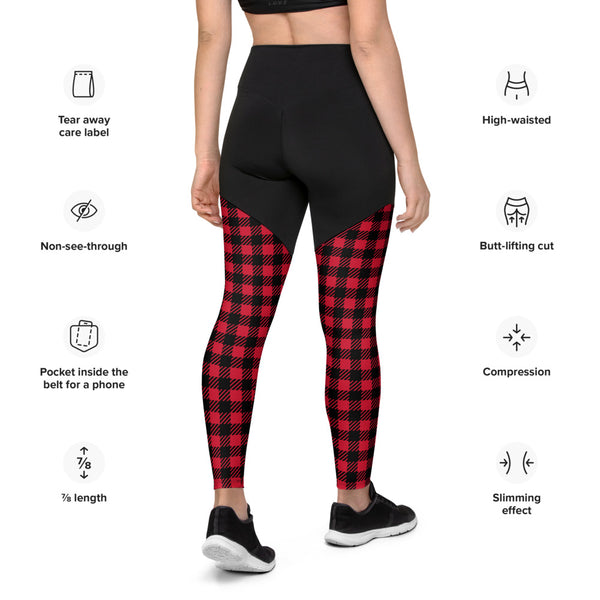 Red Plaid Printed Sports Leggings