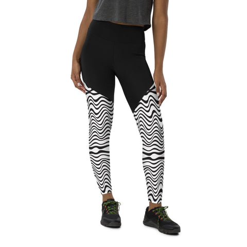 White Black Wavy Sports Leggings