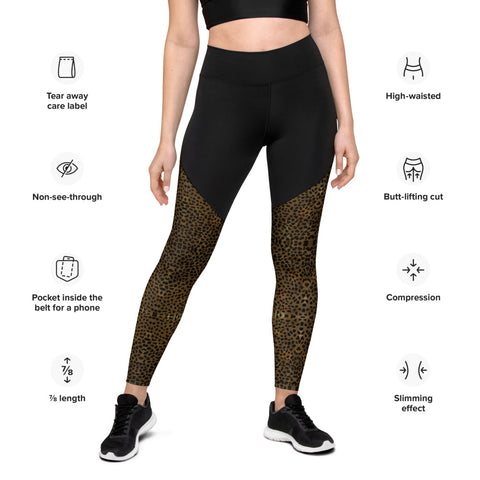 Brown Leopard Print Sports Leggings, Compression Tights