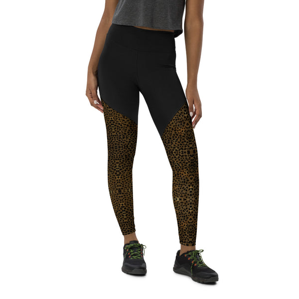 Brown Leopard Print Sports Leggings, Compression Tights