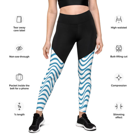 White Blue Wavy Sports Leggings