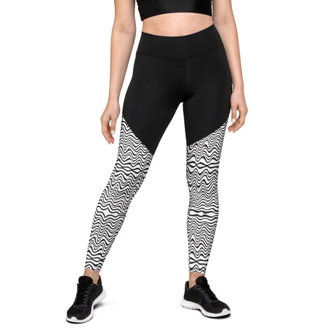 Black White Waves Sports Leggings