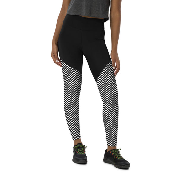 Black White Chevron Sports Leggings