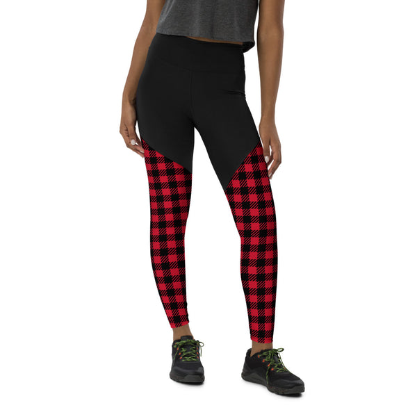 Red Plaid Printed Sports Leggings