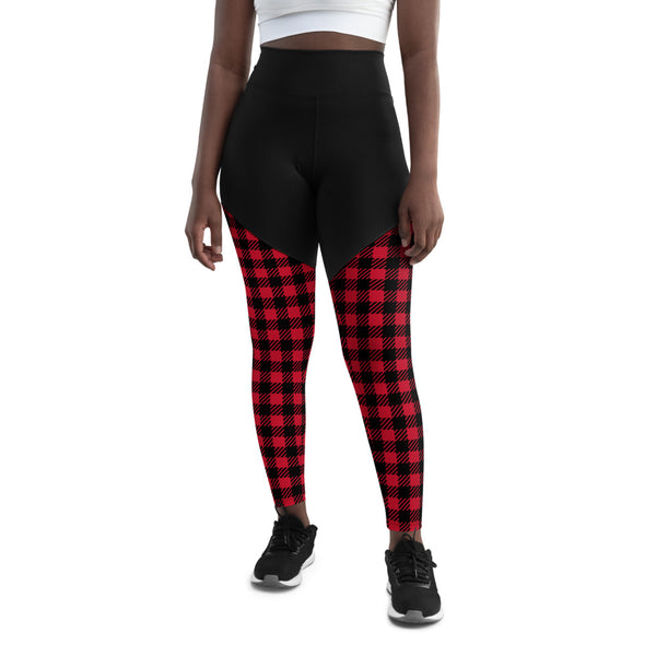 Red Plaid Printed Sports Leggings