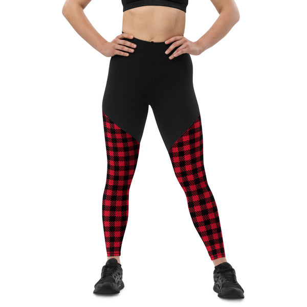 Red Plaid Printed Sports Leggings