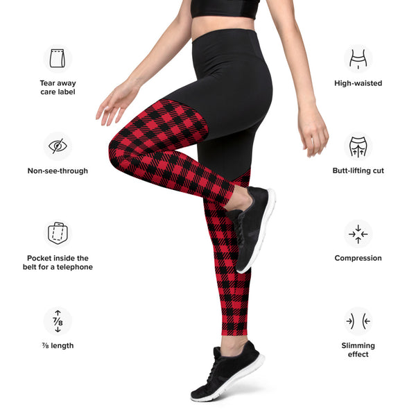 Red Plaid Printed Sports Leggings