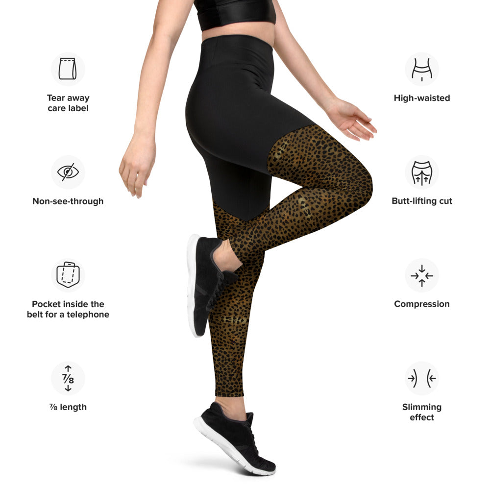 Brown Leopard Print Sports Leggings, Compression Tights