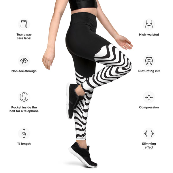 Black White Swirl Sports Leggings