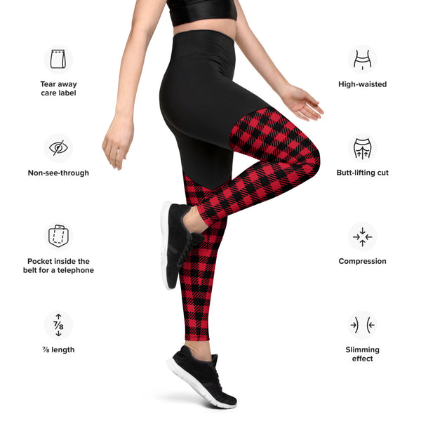 Red Plaid Printed Sports Leggings