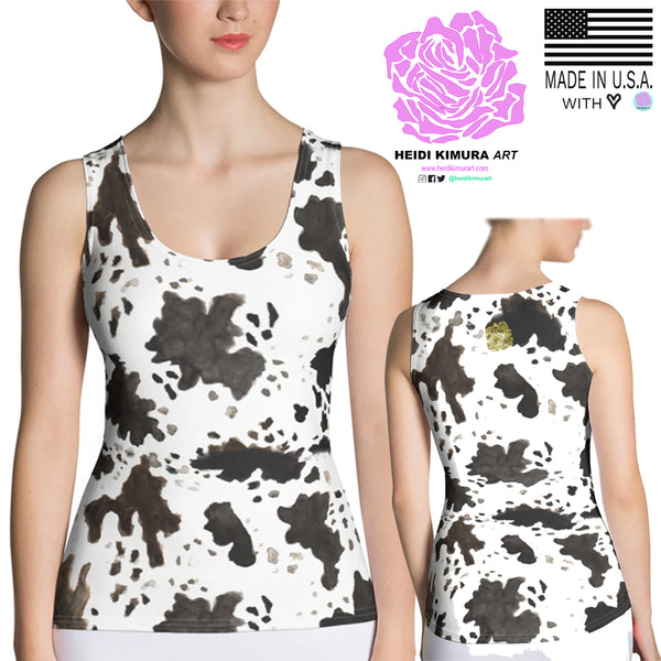 Cow Print Ladies Tank, Cow Print Comfy Stretchy Soft Crew Neck Fitted Cut & Sew Women's Tank Top, Made in USA/ Europe/ Mexico (Size: XS-XL)