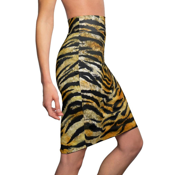 Tiger Striped Print Women's Pencil Skirt, Orange Brown Animal Print Pencil Skirt -Made in USA-Pencil Skirt-Heidi Kimura Art LLC