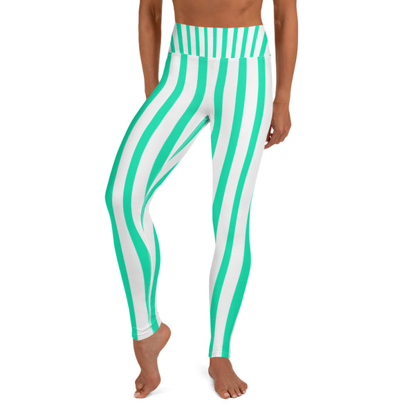 Women's Turquoise & White Stripe Active Wear Fitted Leggings - Made in USA-Leggings-Heidi Kimura Art LLC Blue Striped Women's Leggings, Women's Turquoise & White Stripe Active Wear Fitted Leggings Sports Long Yoga & Barre Pants - Made in USA/EU (US Size: XS-XL)