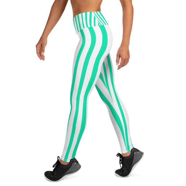 Women's Turquoise & White Stripe Active Wear Fitted Leggings - Made in USA-Leggings-Heidi Kimura Art LLC