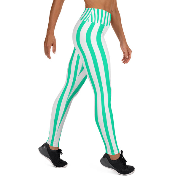 Women's Turquoise & White Stripe Active Wear Fitted Leggings - Made in USA-Leggings-Heidi Kimura Art LLC