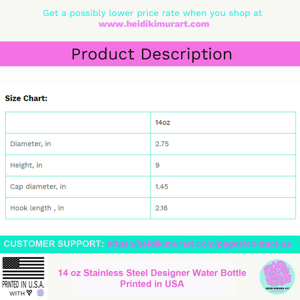 Mixed Pink Rose Water Bottle, Floral Print Stainless Steel 14 oz Designer Bottle- Printed in USA-Water Bottle-Printify-My Locker-14oz-Heidi Kimura Art LLC