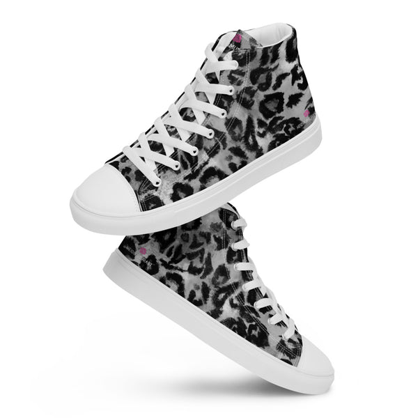 Grey Leopard Print Women's Sneakers, Best Designer Premium Quality Animal Print Designer Leopard Spots High Top Canvas Fashion Tennis Shoes With White Laces (US Size: 5-12)