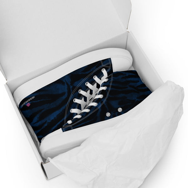 Blue Tiger Striped Women's Sneakers, Dark Blue Best Designer Premium Quality Animal Print Designer Tiger Stripes High Top Canvas Fashion Tennis Shoes With White Laces (US Size: 5-12)