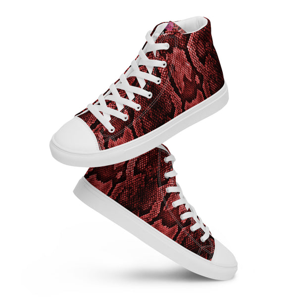 Red Snake Print Women's Sneakers, Women’s high top canvas shoes