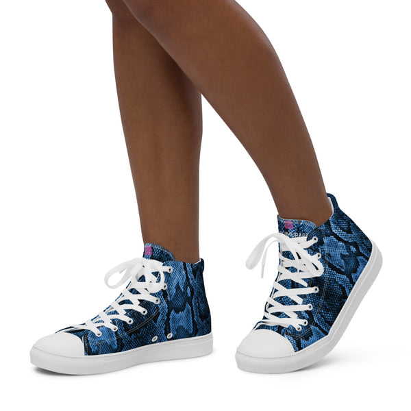 Blue Snake Print Women's Sneakers, Women’s high top canvas shoes