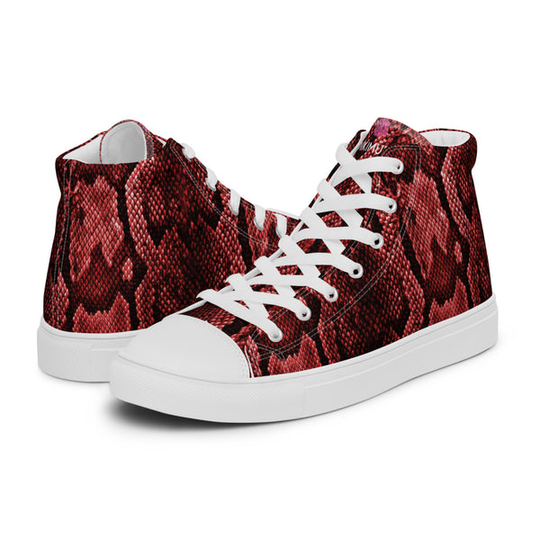 Red Snake Print Women's Sneakers, Women’s high top canvas shoes