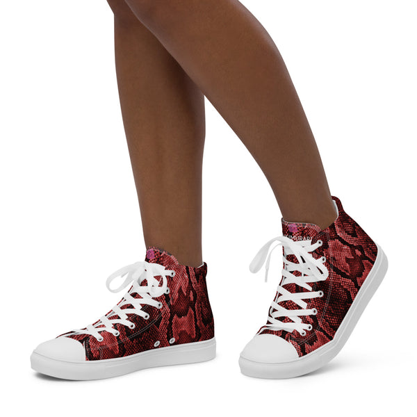 Red Snake Print Women's Sneakers, Women’s high top canvas shoes