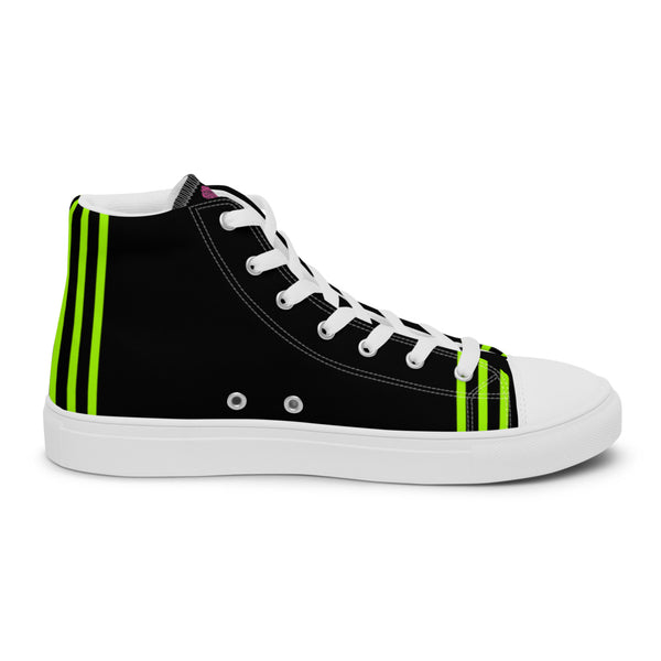 Black Green Striped Women's Sneakers, Neon Green Stripes Best Designer Premium Quality High Top Canvas Fashion Tennis Shoes With White Laces (US Size: 5-12)