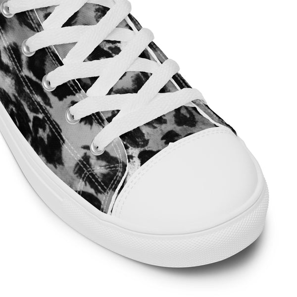 Grey Leopard Print Women's Sneakers, Best Designer Premium Quality Animal Print Designer Leopard Spots High Top Canvas Fashion Tennis Shoes With White Laces (US Size: 5-12)