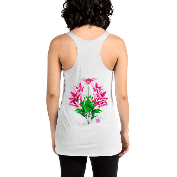 Pink Lilies Floral Tank Top, Flower Print Designer Premium Women's Racerback Crew Neck Best Tank Top