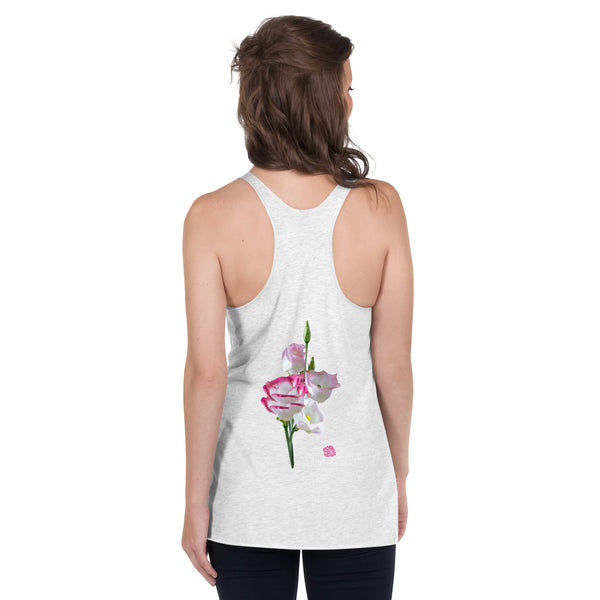 Pink Lisianthus Floral Tank, Flower Print Designer Premium Women's Racerback Crew Neck Best Tank Top