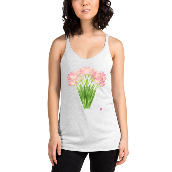 White Tulips Floral Tanks, Floral Print Women's Racerback Tank Top For Women- Printed in USA/Canada/Mexico (US Size: XS-XL)