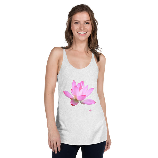 Pink Lotus Women's Racerback Tank, Pink Peaceful Lotus Flower Print Designer Premium Women's Racerback Regular Fit Fitted Soft Crew Neck Best Sporty Tank Top - Printed in USA/Canada/Mexico (US Size: XS-XL)