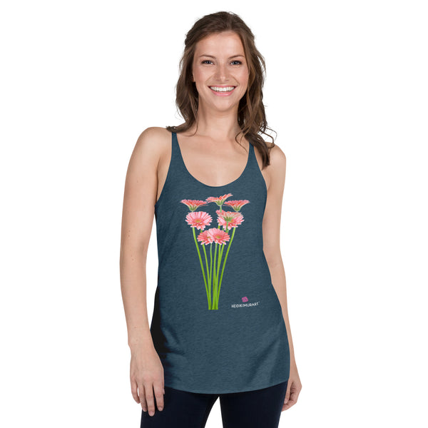 Pink Daisies Women's Racerback Tank, Pink Daisies Flower Print Designer Premium Women's Racerback Regular Fit Fitted Soft Crew Neck Best Sporty Tank Top - Printed in USA/Canada/Mexico (US Size: XS-XL)