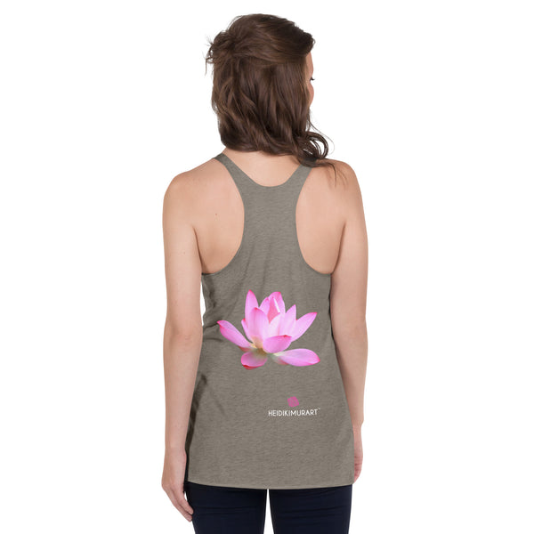 Pink Lotus Floral Tank, Flower Print Designer Premium Women's Racerback Crew Neck Best Tank Top