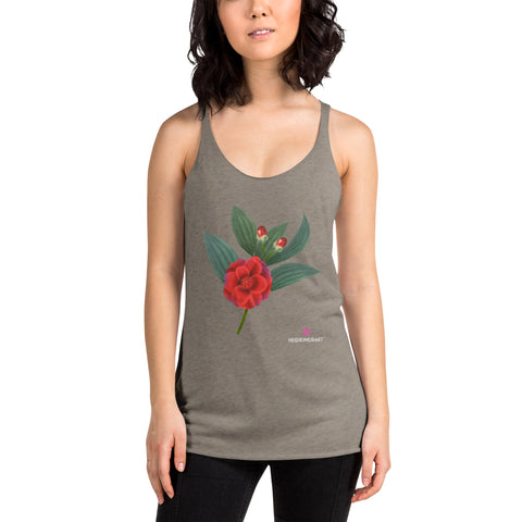 Red Hibiscus Women's Racerback Tank, Red Hibiscus Flower Print Designer Premium Women's Racerback Regular Fit Fitted Soft Crew Neck Best Sporty Tank Top - Printed in USA/Canada/Mexico (US Size: XS-XL)