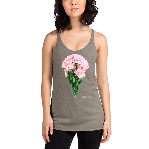 Pink Peonies Floral Tank, Flower Print Designer Premium Women's Racerback Crew Neck Best Tank Top