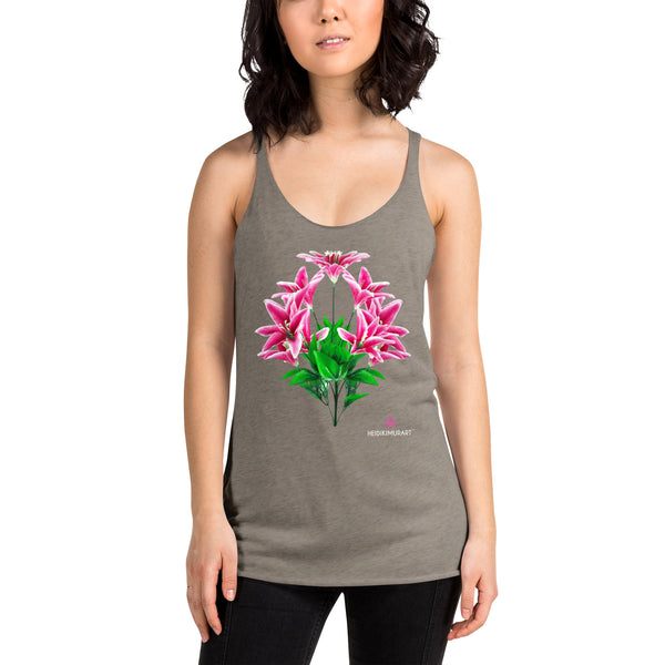 Pink Lilies Floral Tank Top, Flower Print Designer Premium Women's Racerback Crew Neck Best Tank Top