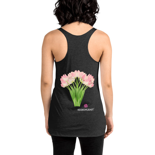 White Tulips Women's Racerback Tank, White Tulips Flower Print Designer Premium Women's Racerback Regular Fit Fitted Soft Crew Neck Best Sporty Tank Top - Printed in USA/Canada/Mexico (US Size: XS-XL)