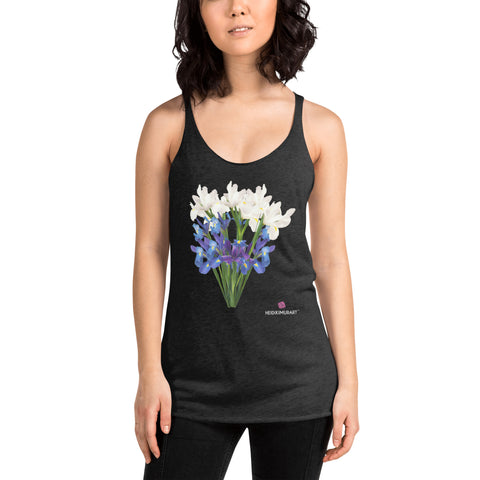 Irises Floral Women's Racerback Tank, Flower Print Designer Premium Women's Racerback Regular Fit Fitted Soft Crew Neck Best Sporty Tank Top - Printed in USA/Canada/ Mexico (US Size: XS-XL)