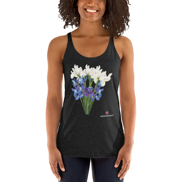 Irises Floral Women's Racerback Tank, Flower Print Designer Premium Women's Racerback Regular Fit Fitted Soft Crew Neck Best Sporty Tank Top - Printed in USA/Canada/ Mexico (US Size: XS-XL)