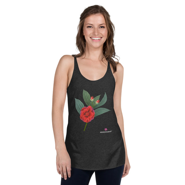 Red Hibiscus Women's Racerback Tank, Red Hibiscus Flower Print Designer Premium Women's Racerback Regular Fit Fitted Soft Crew Neck Best Sporty Tank Top - Printed in USA/Canada/Mexico (US Size: XS-XL)