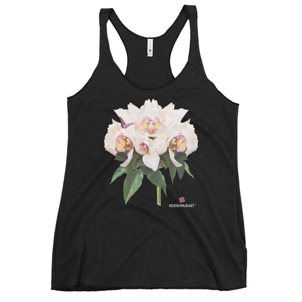 White Floral Women's Racerback Tank, White Floral Flower Print Designer Premium Women's Racerback Regular Fit Fitted Soft Crew Neck Best Sporty Tank Top - Printed in USA/Canada/Mexico (US Size: XS-XL)
