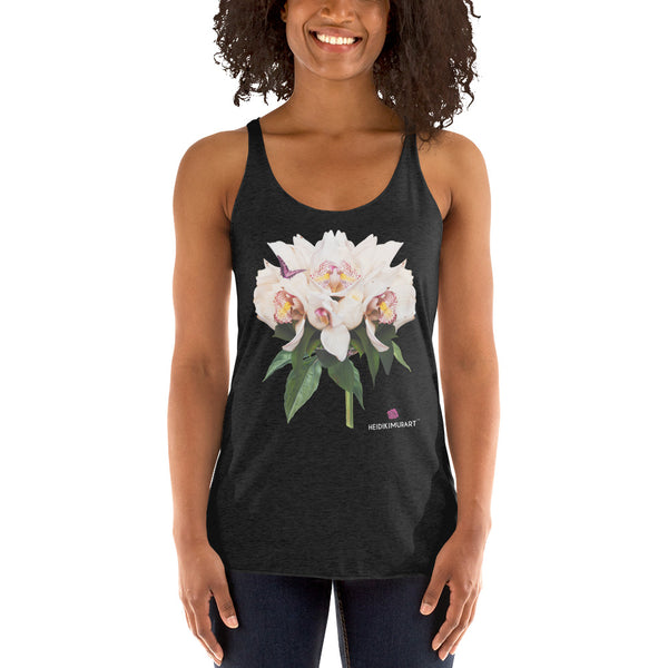White Floral Women's Racerback Tank, White Floral Flower Print Designer Premium Women's Racerback Regular Fit Fitted Soft Crew Neck Best Sporty Tank Top - Printed in USA/Canada/Mexico (US Size: XS-XL)