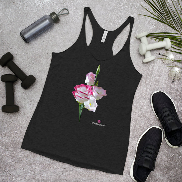 Pink Lisianthus Women's Racerback Tank, Pink Lisianthus Flower Print Designer Premium Women's Racerback Regular Fit Fitted Soft Crew Neck Best Sporty Tank Top - Printed in USA/Canada/Mexico (US Size: XS-XL)
