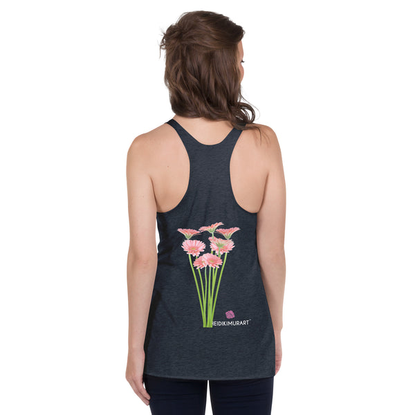 Pink Daisies Floral Tank, Flower Print Designer Premium Women's Racerback Crew Neck Best Tank Top