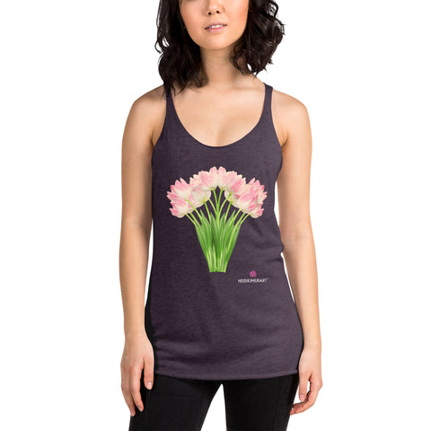 White Tulips Women's Racerback Tank, White Tulips Flower Print Designer Premium Women's Racerback Regular Fit Fitted Soft Crew Neck Best Sporty Tank Top - Printed in USA/Canada/Mexico (US Size: XS-XL)
