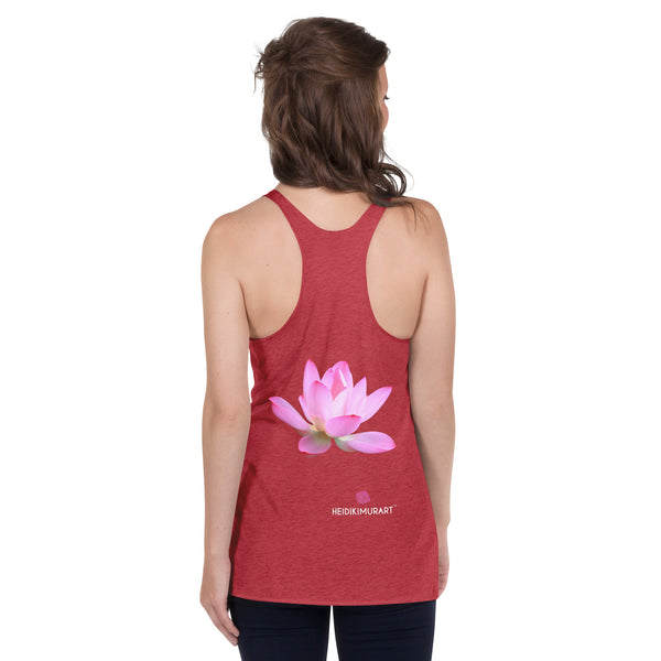 Pink Lotus Floral Tank, Flower Print Designer Premium Women's Racerback Crew Neck Best Tank Top