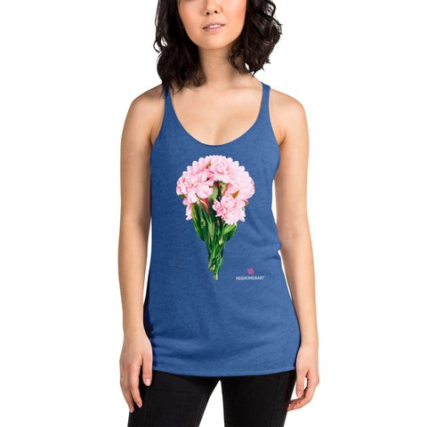 Pink Peonies Women's Racerback Tank, Pink Peonies Flower Print Designer Premium Women's Racerback Regular Fit Fitted Soft Crew Neck Best Sporty Tank Top - Printed in USA/Canada/Mexico (US Size: XS-XL)
